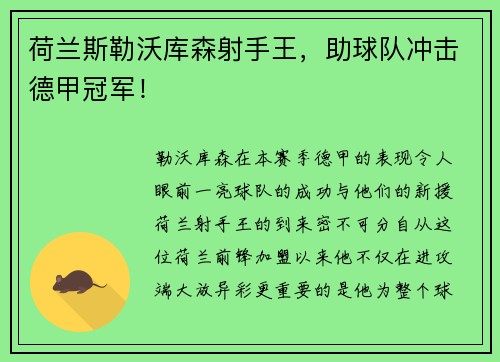荷兰斯勒沃库森射手王，助球队冲击德甲冠军！